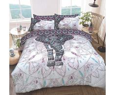 Sleepdown - Juego de Ropa de Cama, con diseño de Elefante y Mandalas, Funda de edredón y Fundas de Almohada, Reversible, hipoalergénico, de fácil Cuidado, Suave, Color Morado, tamaño Super King