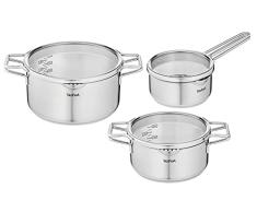 Tefal Nordica - Juego de 3 Ollas + Tapas: 2 Cacerolas de 20/24 cm, Cazo de 16 cm de acero inoxidable, 3 tapas de cristal, tecnologÃa Full Induction, minimalista, todo tipo de cocinas, apto para horno
