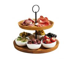 Artesà Expositor de 2 Pisos para Tapas y Comida, Expositor de Alimentos con 6 Mini Cuencos de Porcelana, Soporte para Tartas de Madera Acabado a Mano en Caja de Regalo, 24 x 25 cm, Marrón y Negro