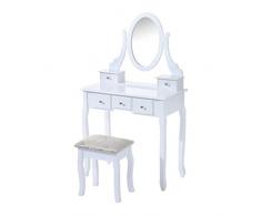 HOMCOM Tocador + Taburete y Espejo Mesa Maquillaje 5 Cajones Blanco Negro Mesa MDF NUE (Blanco)