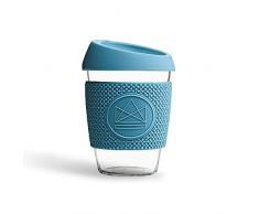 Neon Kactus - Vaso de cristal de borosilicato soplado a mano, Taza de cafÃ© para llevar reutilizable con tapa de silicona apta para uso alimentario y funda tÃ©rmica, Vaso de viaje reciclable