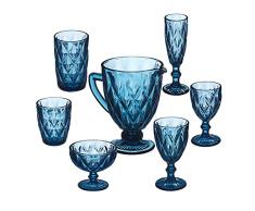 Relaxdays Set de Vasos de Cristal, 7 Piezas, con Jarra, Copas de vino, Vasos de agua, para Lavavajillas, Color Azul