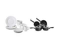 Amazon Basics - Vajilla para 4 personas (16 piezas) + Juego de utensilios de cocina de inducción antiadherente