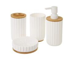 LOLAhome Juego de dispensador, Vaso, jabonera y portacepillos de bambú y PVC Blanco