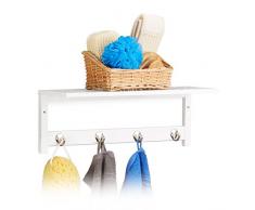 Relaxdays Estante de Pared con 4 Ganchos, 17,5 x 50 x 16 cm, bambú, toallero, Perchero, Libre, Blanco, Metal