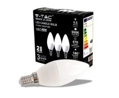 V-TAC Bombilla LED Vela E14-4,5W (Equivalente a 40W) - 470 Lumen - 6500K Blanco FrÃo - Apertura del Haz de Luz 180° - Máxima Eficiencia y Bajo - Paquete de 3