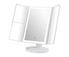 GRIFEMA GF1001W Espejo Maquillaje con Luz, Espejo de Vanidad LED Triple con Aumento 1X/2X/3X Espejo de Vanidad, Rotación Ajustable 180°, Interruptor Táctil,Fuente de Alimentación Dual, Blanco