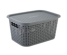 axentia Rattankorb Cesta con Tapa Efecto Mimbre 15 L, Caja Organizadora Apilable de Plástico, Cesta de Almacenaje Multiusos con Tapa, aprox. 43 x 16 x 29 cm, Gris