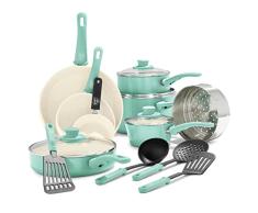 GreenLife Soft Grip Juego de 16 ollas y sartenes de cerÃ¡mica antiadherente, incluye sartÃ©n, cacerola y cazo, sin PFAS, apto para lavavajillas, apto para horno, turquesa