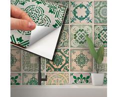 WALPLUS Pegatinas Vinilo Adhesivo Estampado Losetas Adhesivas Pared Cocina Decoracion Protector No Tóxicos Fácilmente ExtraÃble Vintage Verde Antiguo Azulejo 24pcs 15cm(6) Crema Claro