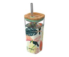 Quokka Liquid Cube - Toucans 540 ML | Vaso de cristal con pajita de acero inoxidable y funda de silicona | Vaso para llevar con tapa de bambu para Batido, Café o Te