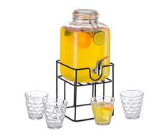 Relaxdays Set Dispensador Bebidas Cristal, Jarra 4,2 L con Grifo, 4 Vasos y Soporte, Garrafa Agua Vidrio, Transparente, 1 Pieza