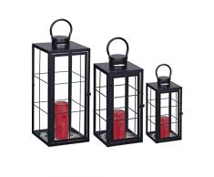 Relaxdays Set 3 Portavelas, Farol Decorativo para Interior y Exterior, 3 Tamaños, Metal, Cristal, Farolillo Vela, Negro
