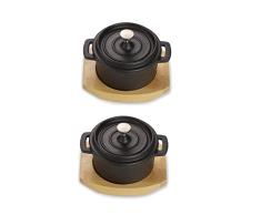ECHTWERK Olla de hierro fundido, mini olla con tabla de servir, asador pequeño, ya quemada, apta para horno, barbacoa, barbacoa e inducción, ideal para servir, 200 ml, 2 piezas