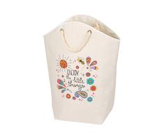 WENKO Cesto para la ropa sucia RollinArt Little Things, 58 l, cesto colada, color crema, colorido motivo Enjoy the little things, 2 asas de cuerda de algodón trenzado, cuidado sencillo, 53x60x25 cm