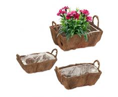 Relaxdays Jardinera con Asas, 3 TamaÃ±os Diferentes, JardÃ­n, BalcÃ³n y AlfÃ©izar, Macetas con Forro de PlÃ¡stico, Natural, 70% Coco 20% Madera 10%, 19 x 30,5 x 24 cm