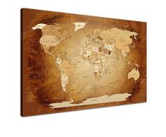 LanaKK mapamundi con corcho para fijar los destinos - Lámina sobre bastidor camilla en marrón, enmarcado en una parte, 100 x 70 cm, español