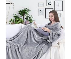 DecoKing Manta de Microfibra TV de 170 x 200 cm, con Mangas y Bolsillos, Manta de Forro Polar, Suave y esponjosa, Suave y mullida, poliéster, Acero, 170 x 200 cm
