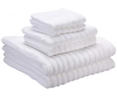 iDesign Juego de 6 Toallas de baño con Lazo para Colgar, Toallas de algodón 100% con Relieve a Rayas, Juego de Toallas con 2 de baño, 2 de Lavabo y 2 de tocador, Blanco
