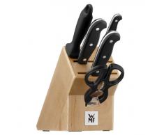 WMF Spitzenklasse Plus Juego de 3 Cuchillos con Afilador Chaira y Tijera con Soporte de Madera, Hoja de Acero Templado Completamente Forjado