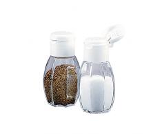 Fackelmann Salero y Pimentero Individual para mesa con recipiente de cristal transparente y tapa en polipropileno blanco, 8x3,7cm