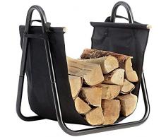 Bakaji Cuna para leña de metal con cesta para leña de tela Oxford para interior de madera, casa para chimenea, estufa, diseño moderno, color negro, tamaño 40 x 45 x 32 cm (Diseño 2)