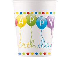 Procos 93461 â Vasos de fiesta multicolor Happy Birthday Streamers, capacidad mÃ¡xima 200 ml, 8 unidades, vasos desechables de papel, para cumpleaÃ±os infantiles, vajilla de fiesta, mezcla FSCÂ®