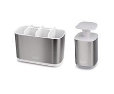 Joseph Joseph 70551 Bathroom Essentials - Juego de accesorios para fregadero, dispensador de jabÃ³n Presto y carrito de cepillo de dientes EasyStore grande, acero inoxidable