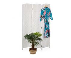 Relaxdays Biombo 3 Paneles, 170 x 120 cm, Tabique Interior, Madera y Cuerda Papel, Separador Ambientes Plegable, Blanco, 70% 30%