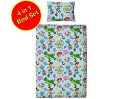 Disney - Toy Story - Juego de Cama Infantil, 4 en 1, Woody, Buzz Lightyear & Friends, Incluye Funda de edredón, Almohada y Funda de Almohada, para niños, Color Azul