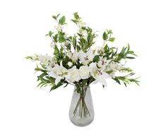 GreenBrokers Ramo Artificial Blanco, arreglo Floral con Lirios, Rosas, delfinios, Flor de saúco y vegetación