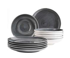 MÃSER 931607 Derby Premium - Vajilla para 6 personas de calidad gastronómica, juego de platos modernos de 12 piezas, efecto pincel de mano, color gris oscuro y porcelana duradera