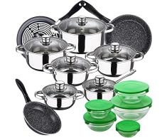 Bateria de cocina 12 piezas SAN IGNACIO Cassel, acero inoxidable, con juego sartenes (18/20/24 cm) en acero esmaltado y 5 boles con tapas