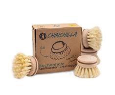 ChinchillaÂ® Juego de 4 Cabezales de Recambio para Fregar | Vegano y Certificado FSC, Fabricado en Alemania | Cabezales universales para Cepillo de Fregadero