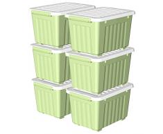 Cetomo Caja de almacenamiento de plÃ¡stico de 55 L x 6, verde, caja de mano, contenedor organizador con tapa duradera y hebillas de enganche seguras, apilable y encajable, paquete de 6, con hebilla