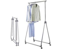 BAKAJI Perchero individual plegable ajustable de acero y plástico duradero, barras telescópicas, con 4 ruedas, exposición de tienda, colgar ropa profesional plegable (gris)