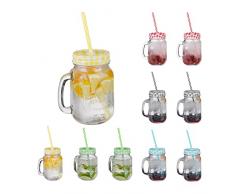 Relaxdays Jarras con Tapa y Pajita, Set de 10 Jarritas Limonada, 500 ml, Vasos Retro Veraniegos con Asa, Multicolor, 80% Vidrio Acero 10% plÃ¡stico