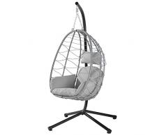BAKAJI SillÃ³n Colgante de jardÃ­n, Silla Mecedora Hamaca Colgante de Exterior, Estructura de Metal Nido de ratÃ¡n y Cuerda + cojÃ­n Asiento Acolchado y reposacabezas 198 x 110 x 95 cm (Gris)