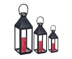 Relaxdays Set 3 Portavelas, Farol Decorativo para Interior y Exterior, 3 Tamaños, Metal, Cristal, Farolillo Vela, Negro, Hierro