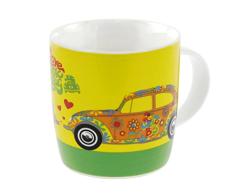 BRISA VW Collection - Volkswagen Escarabajo Coche Beetle Taza grande de Café de Porcelana (New Bone China) en Caja de regalo, Copa de Té, Decoración de la Mesa/Camping/Souvenir (Flores/Amarillo)