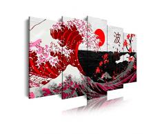 DekoArte 536 - Cuadros Modernos ImpresiÃ³n de Imagen ArtÃ­stica Digitalizada | Lienzo Decorativo Para Tu SalÃ³n o Dormitorio | Estilo Abstractos Arte La Gran Ola De Kanagawa Rojo | 5 Piezas 150 x 80 cm
