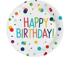 amscan-9906344 Confetti Confeti Birthday 8 papel de 23 cm, color, Paper Plates 23cm (9906344)