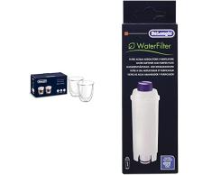 DeLonghi Juego de 2 vasos premium para cappuccino, apto para lavavajillas, pared doble vidrio templado, transparente, 190 ml + DLSC002 Filtro agua antical, para cafeteras superautomáticas
