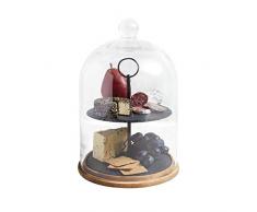 Artesà Soporte de 2 Niveles/Cúpula para Tartas, Cubierta de Cristal para Exhibición de Almacenamiento con Platos de Pizarra Escalonados y Base de Madera, 22 x 31 cm - Negro/Cristal Transparente/Madera