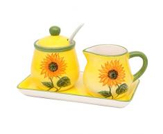 Dekohelden24 Dolomite Azucarero con Cuchara, jarrita de Leche y Bandeja como Juego de 3 Unidades, diseÃ±o: Girasol en Amarillo/Verde, tamaÃ±o Aprox. 19 x 10,5 cm, 10