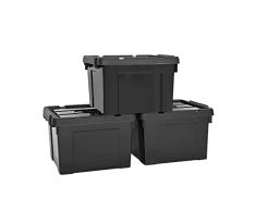 HOHAOO Cajas de almacenamiento, juego de 3 cajas de almacenamiento apilables resistentes de 25 L, plÃ¡stico negro con tapas y clip de caja bloqueado para estantes y garaje