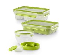 Emsa Clip&Go Set 3 hermÃ©ticos - HermÃ©ticos de 1,2L + 1L + 0,60L, sistema de 4 cierres, con compartimentos, transporte seguro, hermÃ©tico higiÃ©nico, sin BPA, apto microondas y lavavajillas, verde