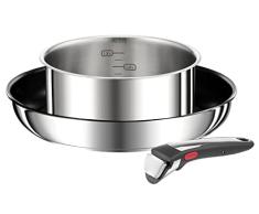 Tefal Juego Sarten + Cazo Ingenio Preference On - Sarten 26 cm y Cazo 18 cm acero inoxidable + mango extraÃble, revestimiento antiadherente y antirayaduras, fabricado en Francia, apto para inducción