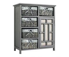 Mobili Rebecca® Mueble Auxiliar Comoda 5 Cestas 1 Puerta Madera Mimbre Gris casa de Campo Cocina Baño (Cod. RE4288)