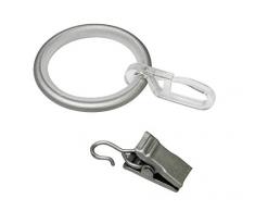 Gardinia - Anillas para Cortinas con Sistema Deslizante, Gancho y Pinza, Metal, para diámetro de 19 mm, 10 Unidades, 3,9/3 cm, Color Plateado